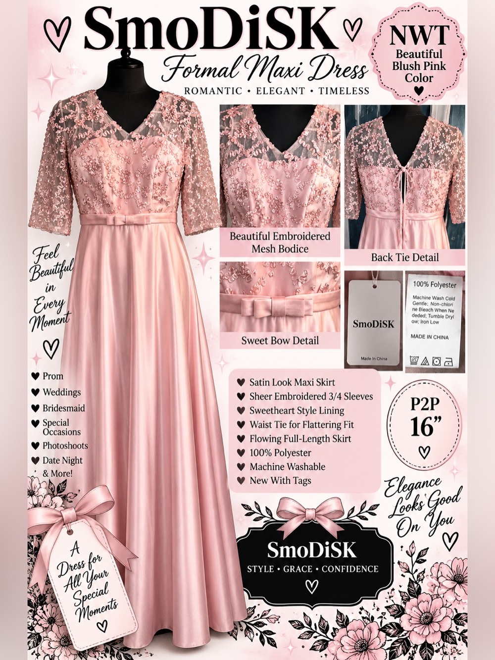 SmoDiSK Pink Satin Embroidered Mesh Formal Maxi Dress NWT 16” P2P